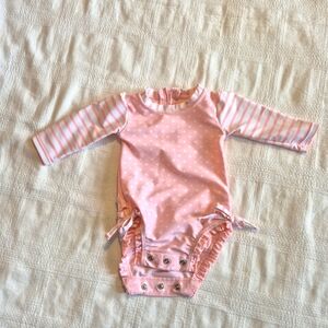 Ruffle Butts girls 3-6 months pink and white long sleeve swim suit, EUC